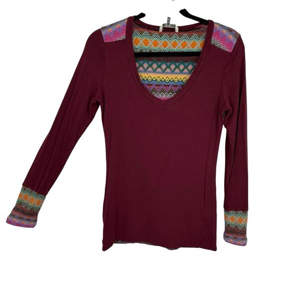 BKE Crochet Back Top size Medium Colorful Wine Long Sleeve Pullover Boho - Picture 1 of 12